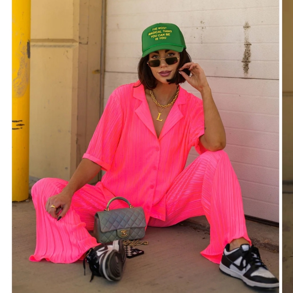 Dressed In Lala The World is Yours Plissé Set in Electric Pink